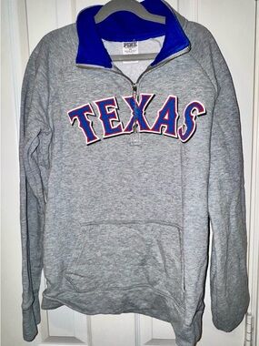 PINK Gray Zip-Up Pullover with Blue Hood Trim